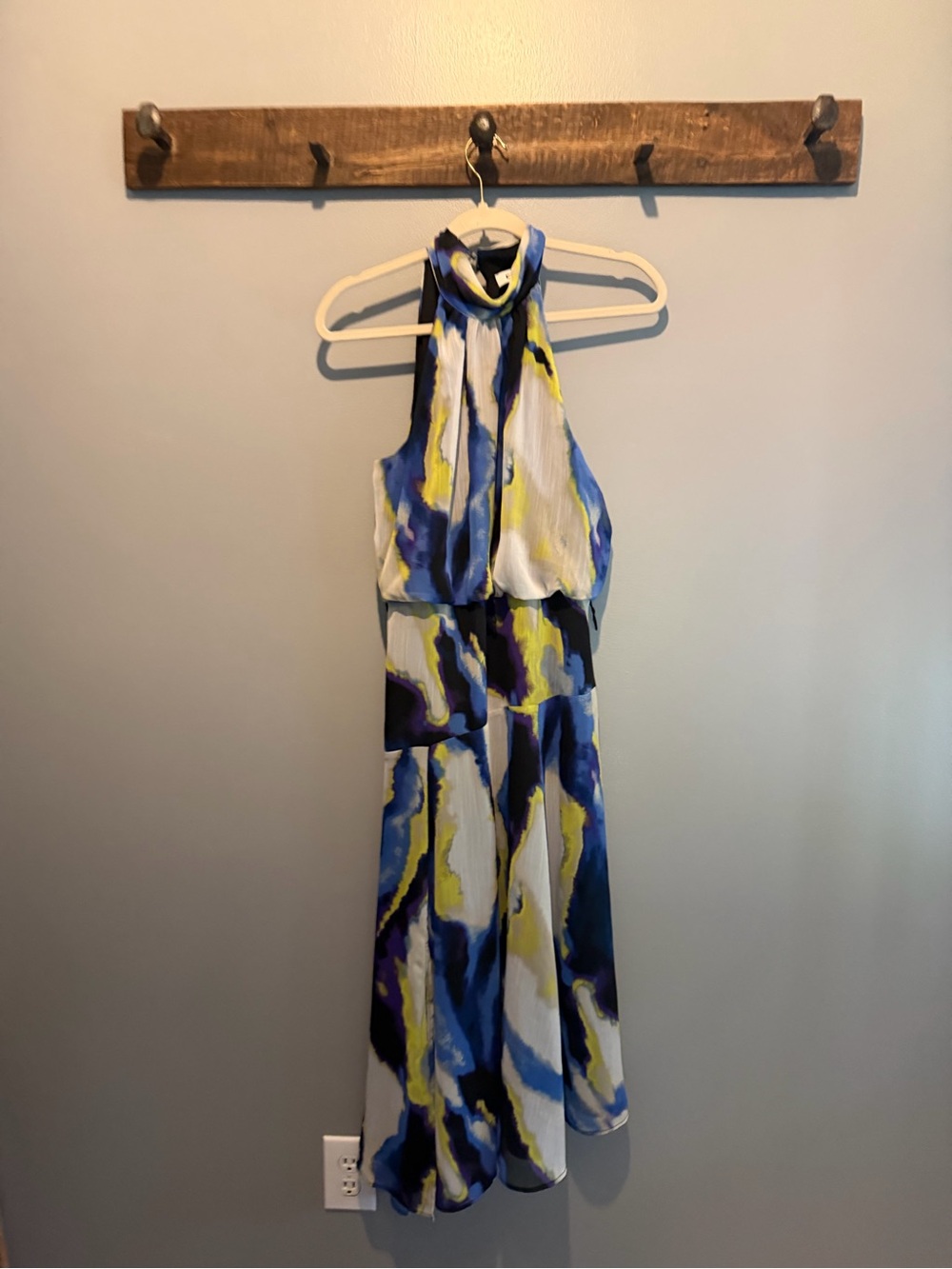 DKNY Blue, Yellow & White Halter Maxi Dress